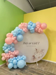 décorateur gender reveal arche de ballons toile personnalisée Morbihan Bretagne loire atlantique location buzzer gender reveal