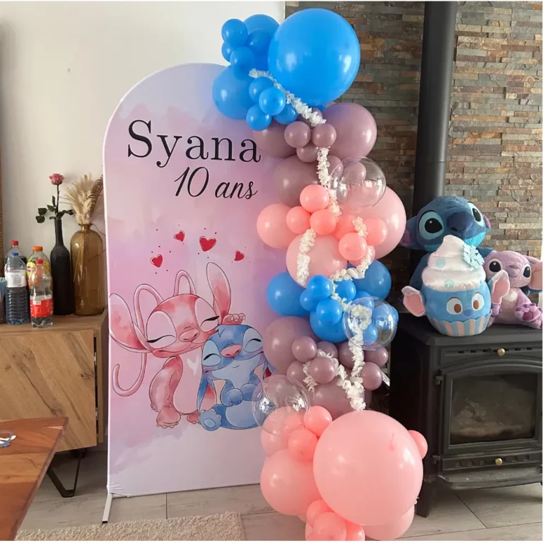 Anniversaire, Stitch, bleu, lilac, rose, fond personnalisé, toile personnalisée, Bretagne, Morbihan