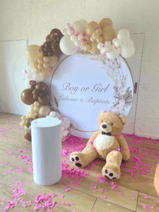 DÉCORATION gender reveal nounours canon à confetti buzzer Morbihan Bretagne Loire atlantique